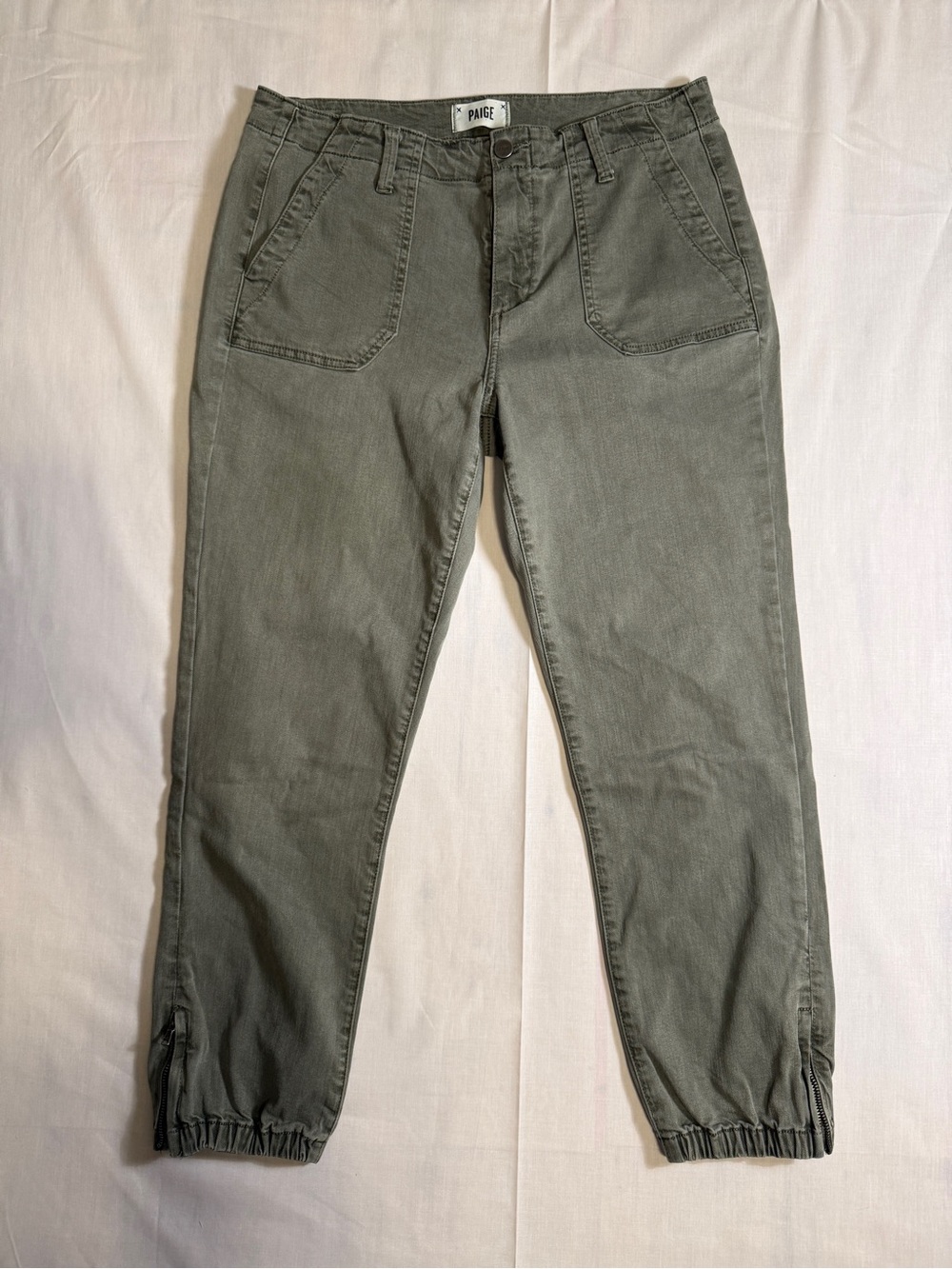 PAIGE Mayslie Jogger Pants Size 30 Vintage Ivy Green Olive Ankle Zip Stretch $22